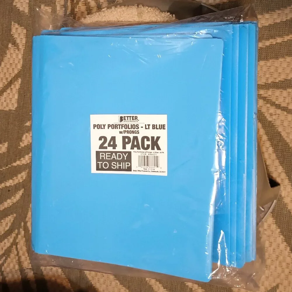 NWT~ 24 Pk. Better Office Products Light Blue Plastic 2 Pocket Folders w/ Prongs